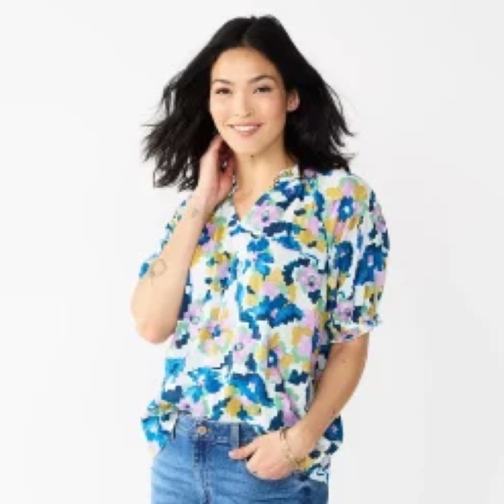 NWT Sonoma - Cotton Geometric Ruffle Colorful Blouse - Size Medium